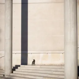 Buldog francuski pozuje na betonowych schodach w Rudzie Śląskiej, pomiędzy masywnymi kolumnami w surowym, minimalistycznym otoczeniu.