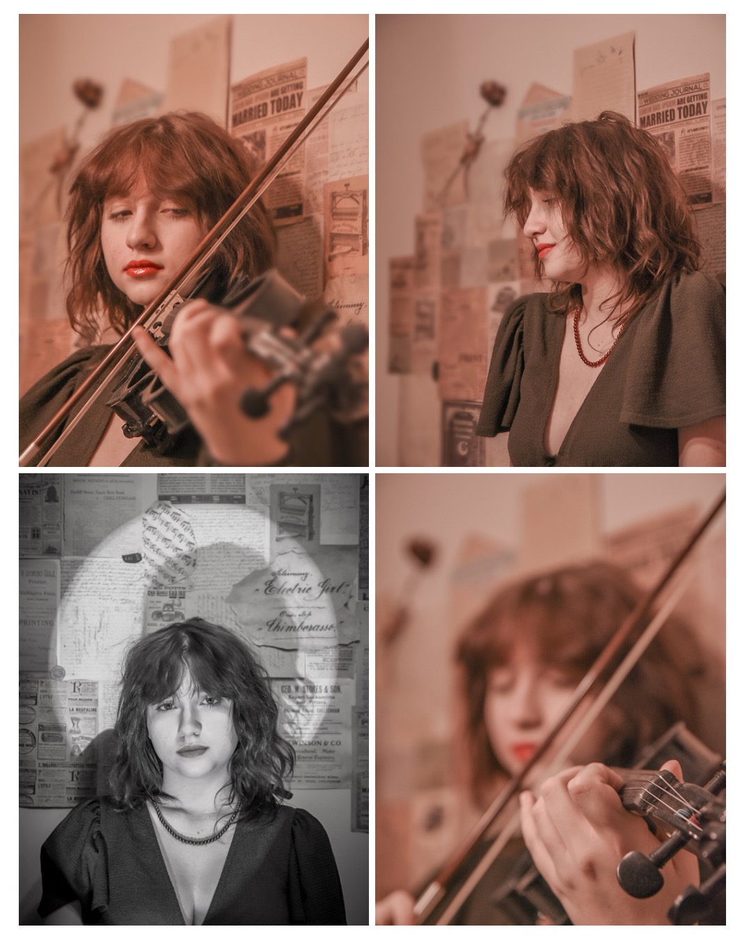 Cztery ujęcia portretowe kobiety z skrzypcami na tle ściany z gazetami, w różnych stylach kolorystycznych i kompozycjach.