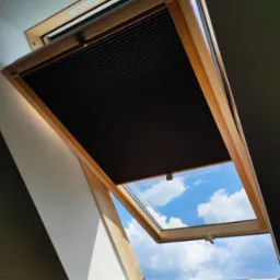 Okno dachowe z drewnianą ramą, częściowo zasłonięte plisowaną, czarną przesłoną, widok na błękitne niebo z chmurami.