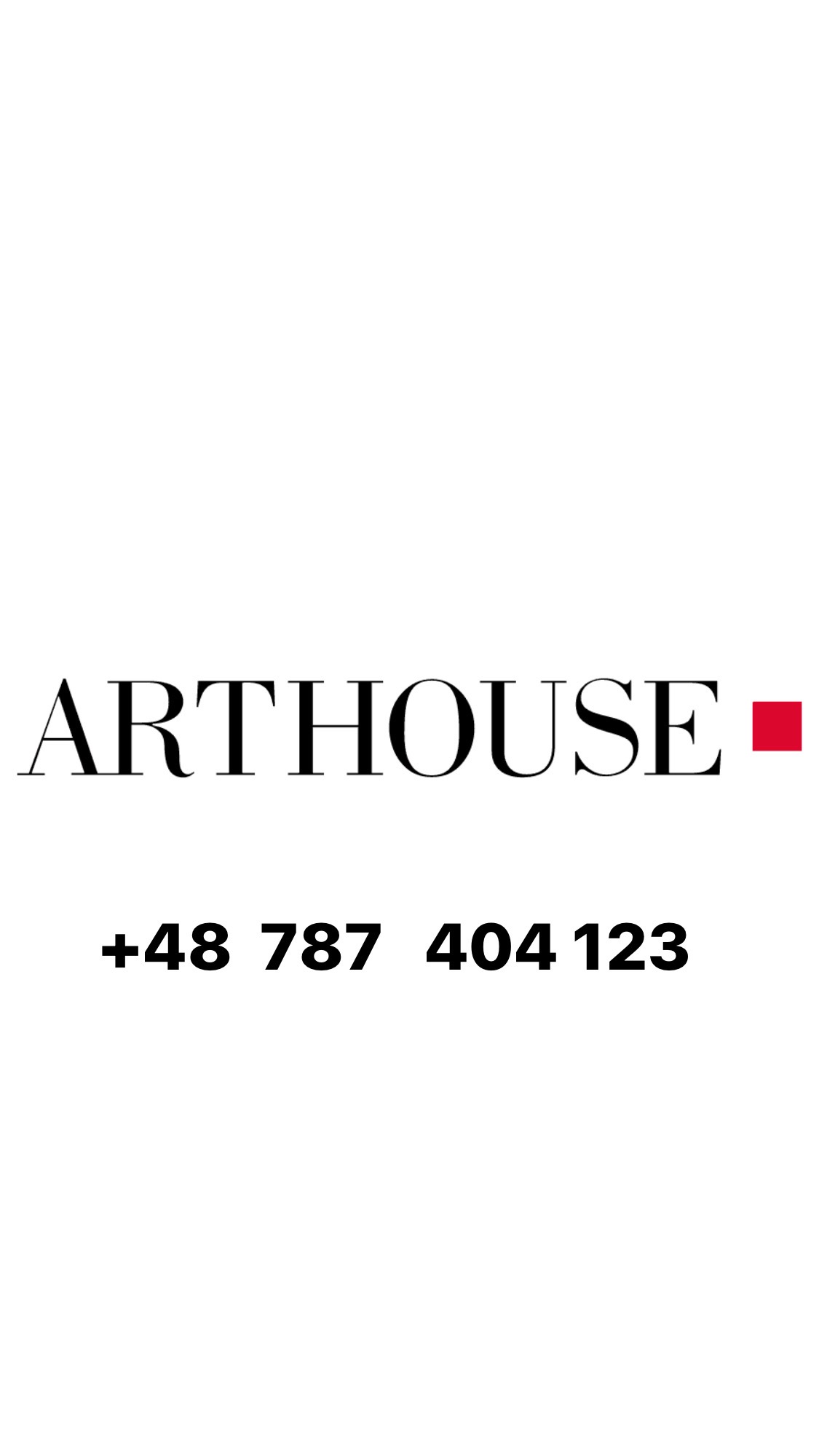 Logo firmy Arthouse z numerem telefonu +48 787 404 123 i czerwonym kwadratem po prawej stronie nazwy.