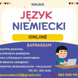 Grafika reklamowa: Napis Język Niemiecki ONLINE, lista korzyści, kontakt mailowy i telefoniczny, ilustracja osoby uczącej się przy laptopie, dekoracja z flagami Niemiec.