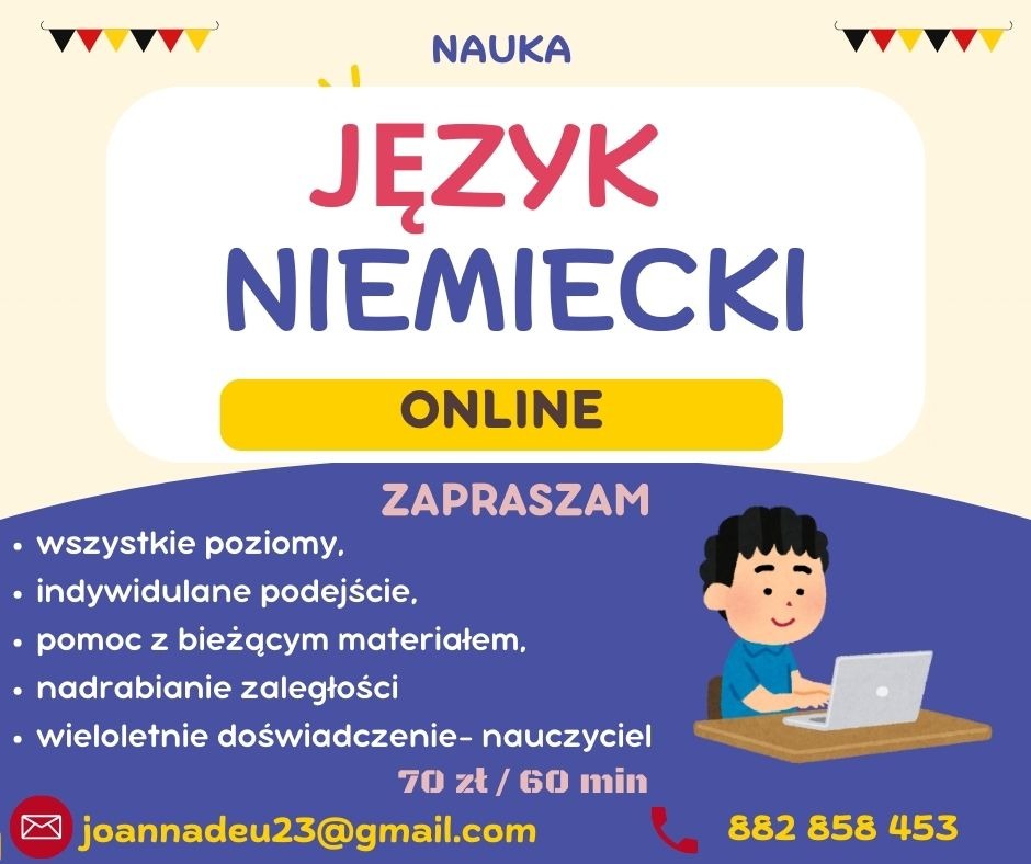 Grafika reklamowa: Napis Język Niemiecki ONLINE, lista korzyści, kontakt mailowy i telefoniczny, ilustracja osoby uczącej się przy laptopie, dekoracja z flagami Niemiec.
