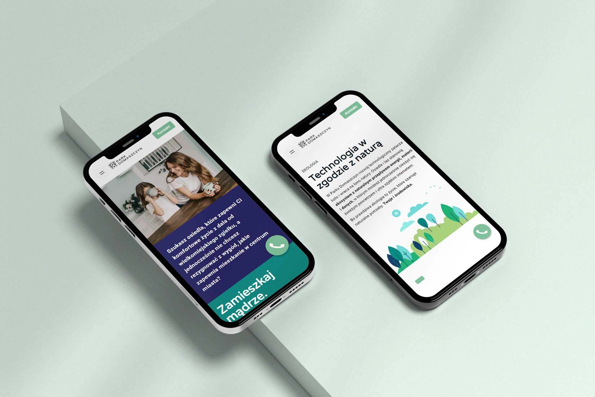 Dwa telefony wyświetlające projekt strony internetowej dla osiedla mieszkaniowego Park Domaszczyn, z motywami ekologicznymi i rodzinnymi.