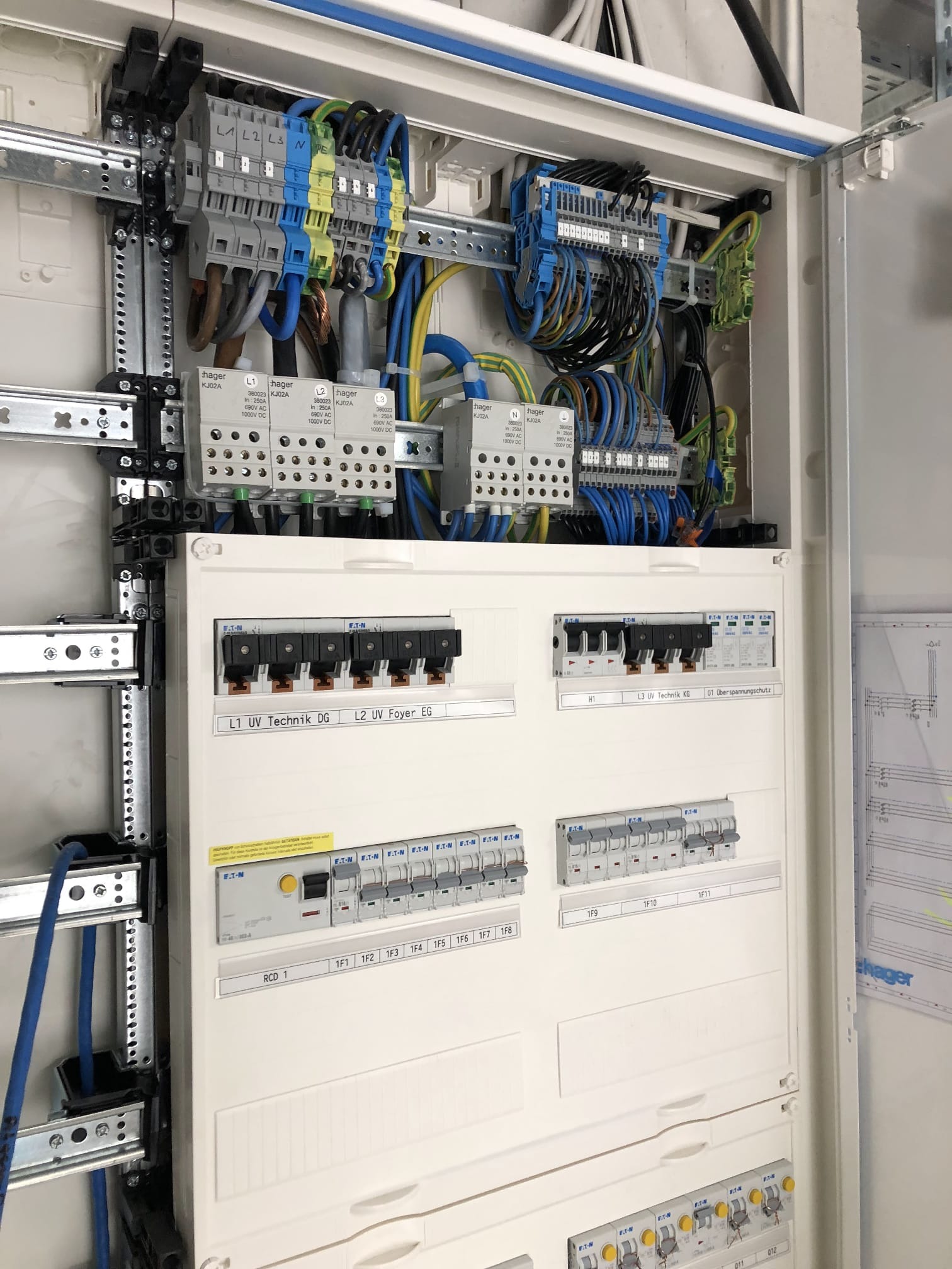 Otwarta skrzynka elektryczna z widocznymi bezpiecznikami, przewodami i elementami montażowymi na szynach DIN, z naklejkami informacyjnymi na panelu przednim.