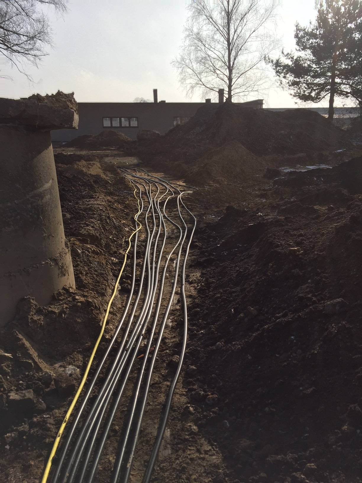 Wkopane w ziemię rury elektryczne w wykopie, jedna żółta, pozostałe szare, w tle budynek i drzewa.