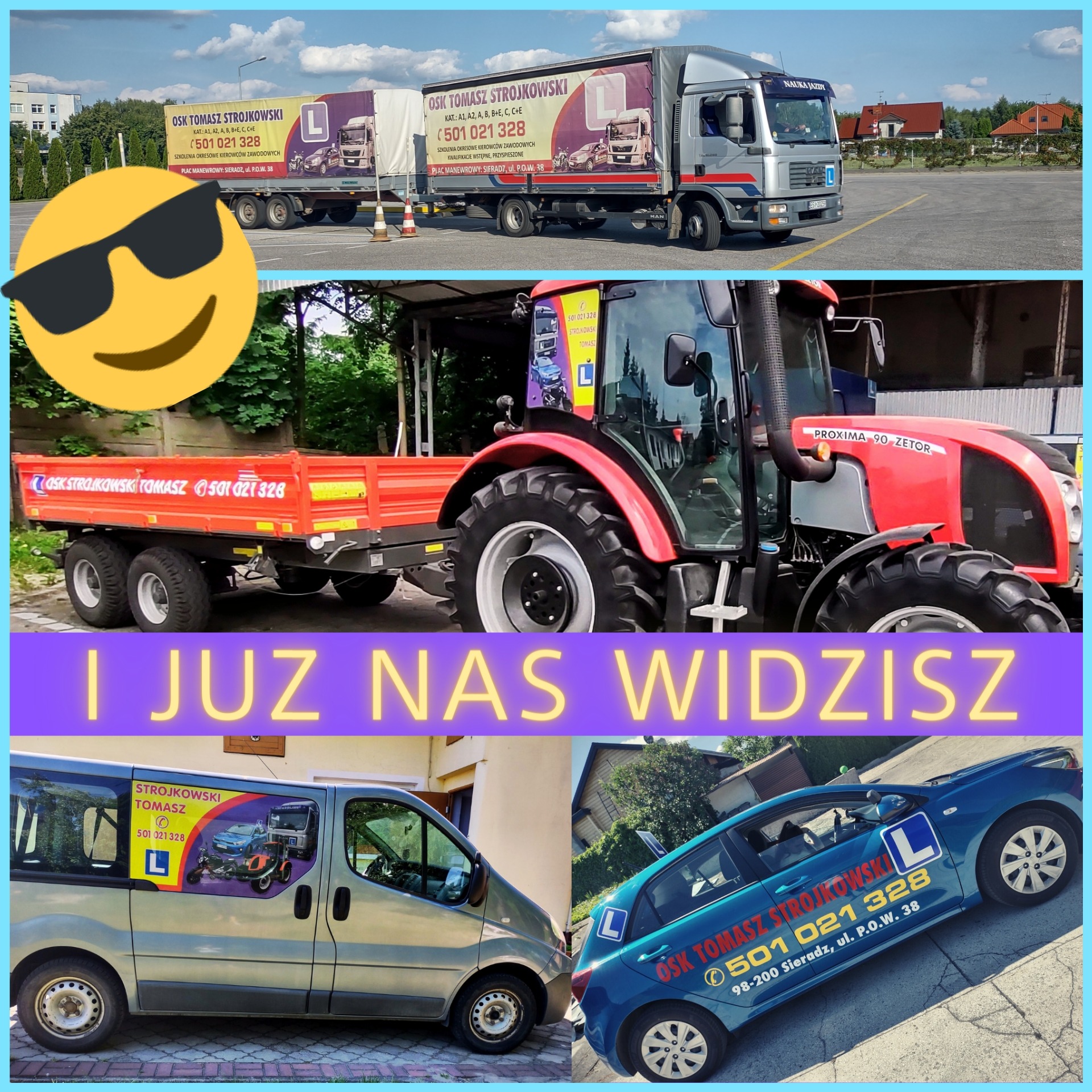 Kolaż zdjęć pojazdów z logo szkoły nauki jazdy: ciężarówka z przyczepą na placu manewrowym, czerwony traktor z przyczepą, van z naklejką reklamową i niebieski samochód osobowy z naklejką L.