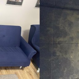 Czysty Sen pranie tapicerki w Lublinie - Porównanie: granatowa kanapa przed i po praniu tapicerki, widoczne wyraźne usunięcie plam i zabrudzeń.