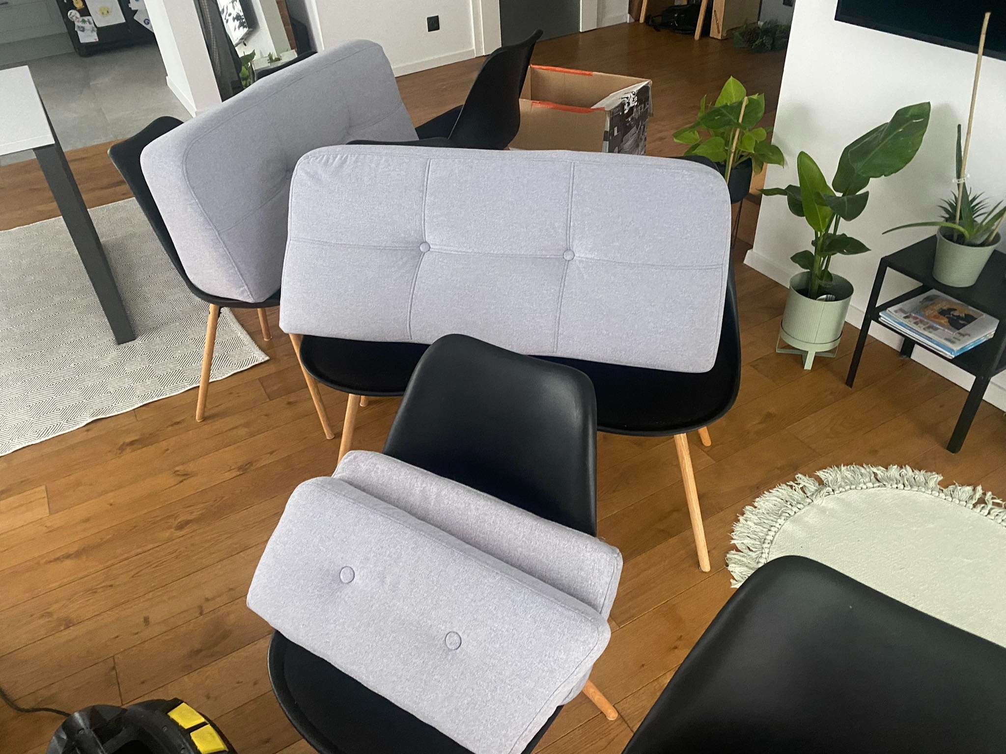 Jasnoszare poduszki z guzikami leżą na czarnych krzesłach w jasnym wnętrzu, obok widoczny odkurzacz i rośliny doniczkowe.