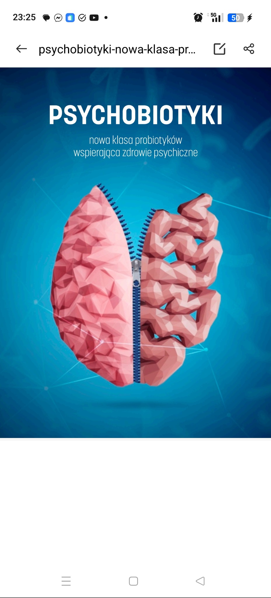 Grafika przedstawiająca schematycznie mózg i jelita spięte suwakiem, z napisem 'Psychobiotyki: nowa klasa probiotyków wspierająca zdrowie psychiczne' na niebieskim tle.