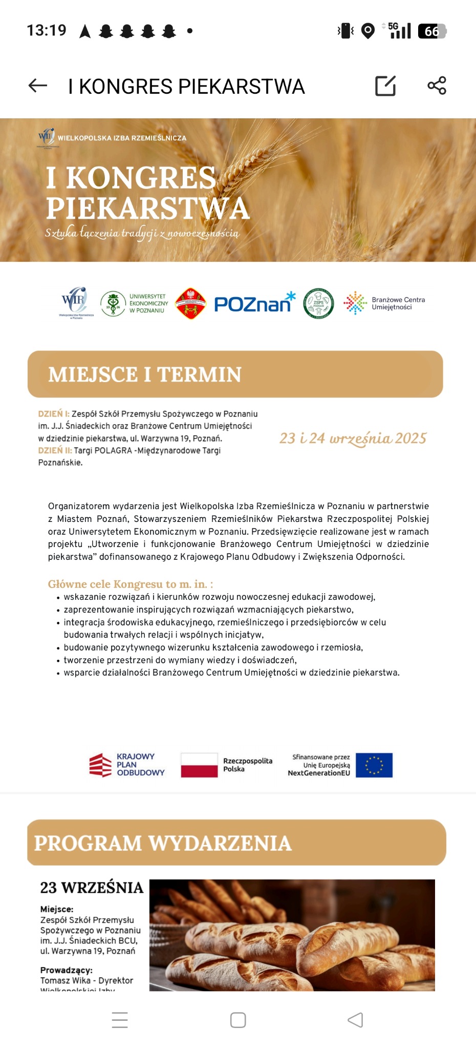 Plakat I Kongresu Piekarstwa w Poznaniu, 23-24 września 2025. Logo Wielkopolskiej Izby Rzemieślniczej, Uniwersytetu Ekonomicznego i Krajowego Planu Odbudowy.