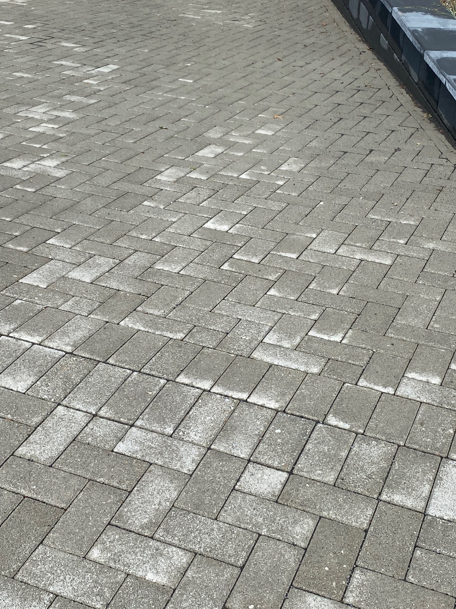 Szara kostka brukowa ułożona w wzór jodełki, widoczna z góry, z fragmentem obrzeża w tle.