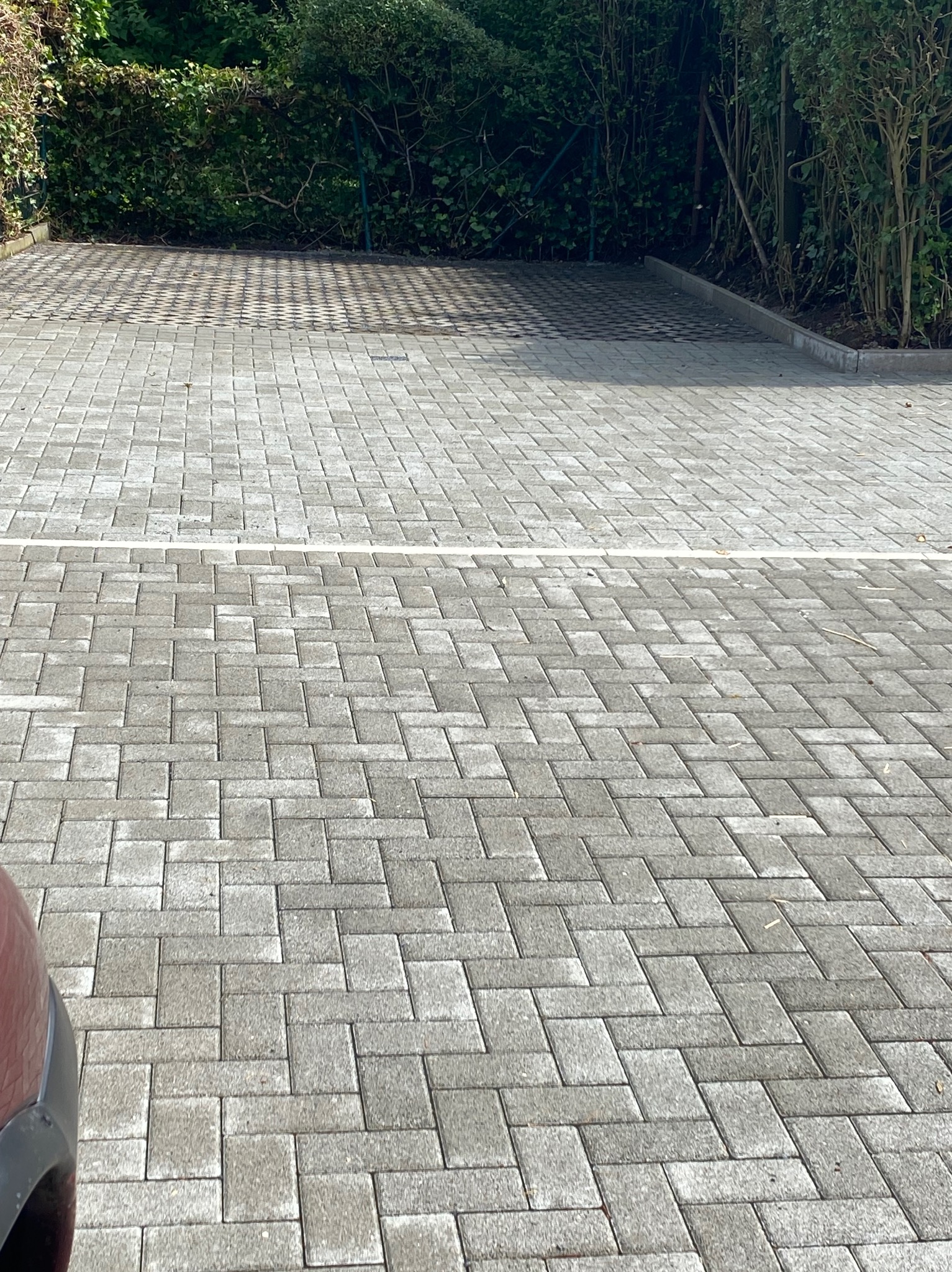 Ułożona szara kostka brukowa na podjeździe, widoczny fragment samochodu w lewym dolnym rogu, w tle zielony żywopłot.