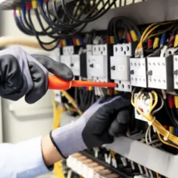 Elektryk w rękawicach ochronnych dokręca śrubę w rozdzielnicy elektrycznej pomarańczowym śrubokrętem, widoczne przewody z kolorowymi oznaczeniami.