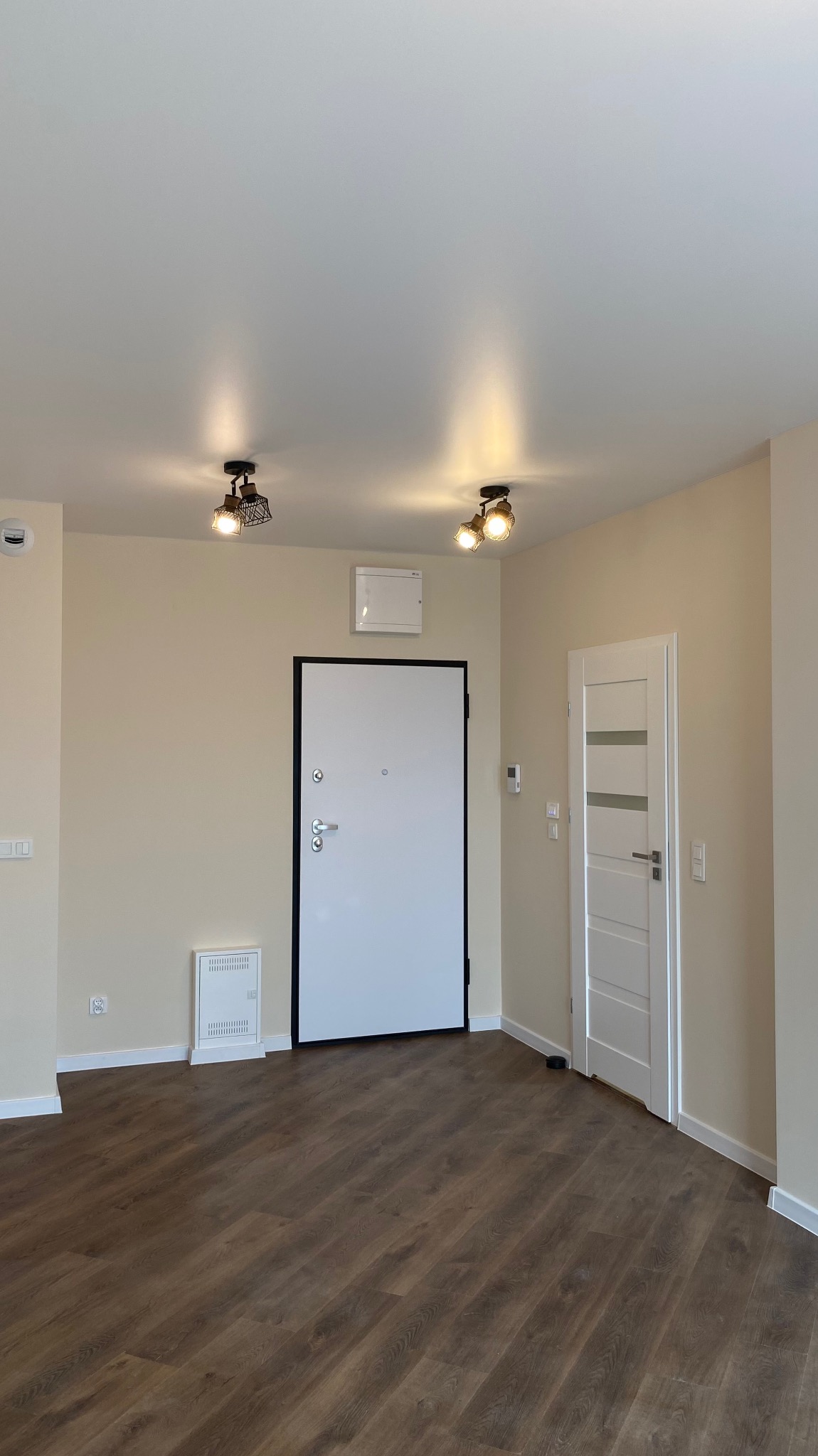 Wykończone wnętrze: ściany w odcieniach beżu, drewnopodobna podłoga, białe drzwi wejściowe z czarną obwódką oraz wewnętrzne z przeszkleniami, oświetlenie punktowe na suficie.