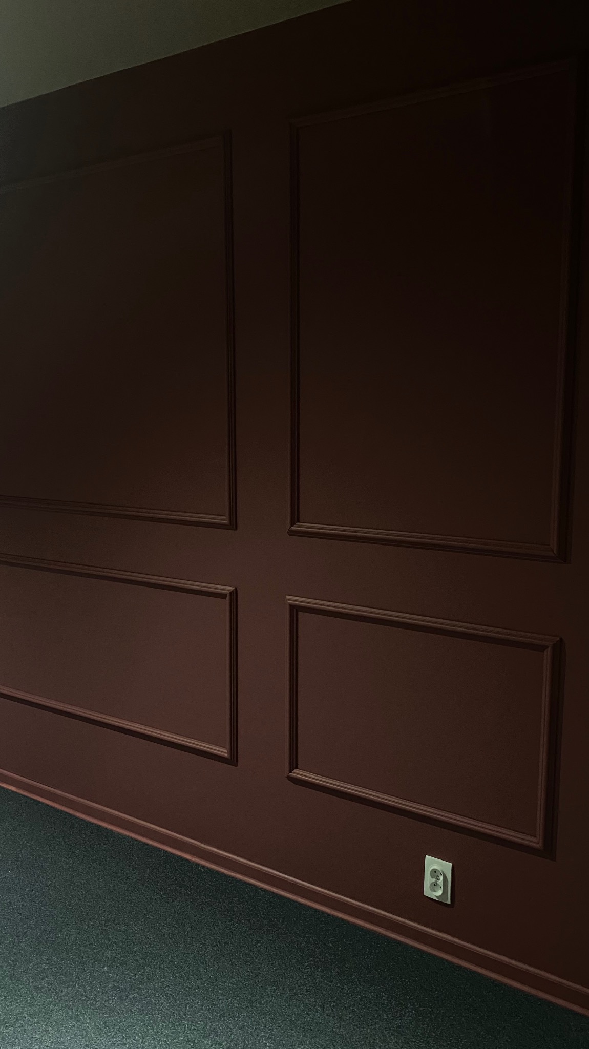 Ciemnobrązowa ściana z dekoracyjnymi listwami tworzącymi geometryczne panele, widoczne gniazdko elektryczne przy podłodze i fragment ciemnozielonej wykładziny.