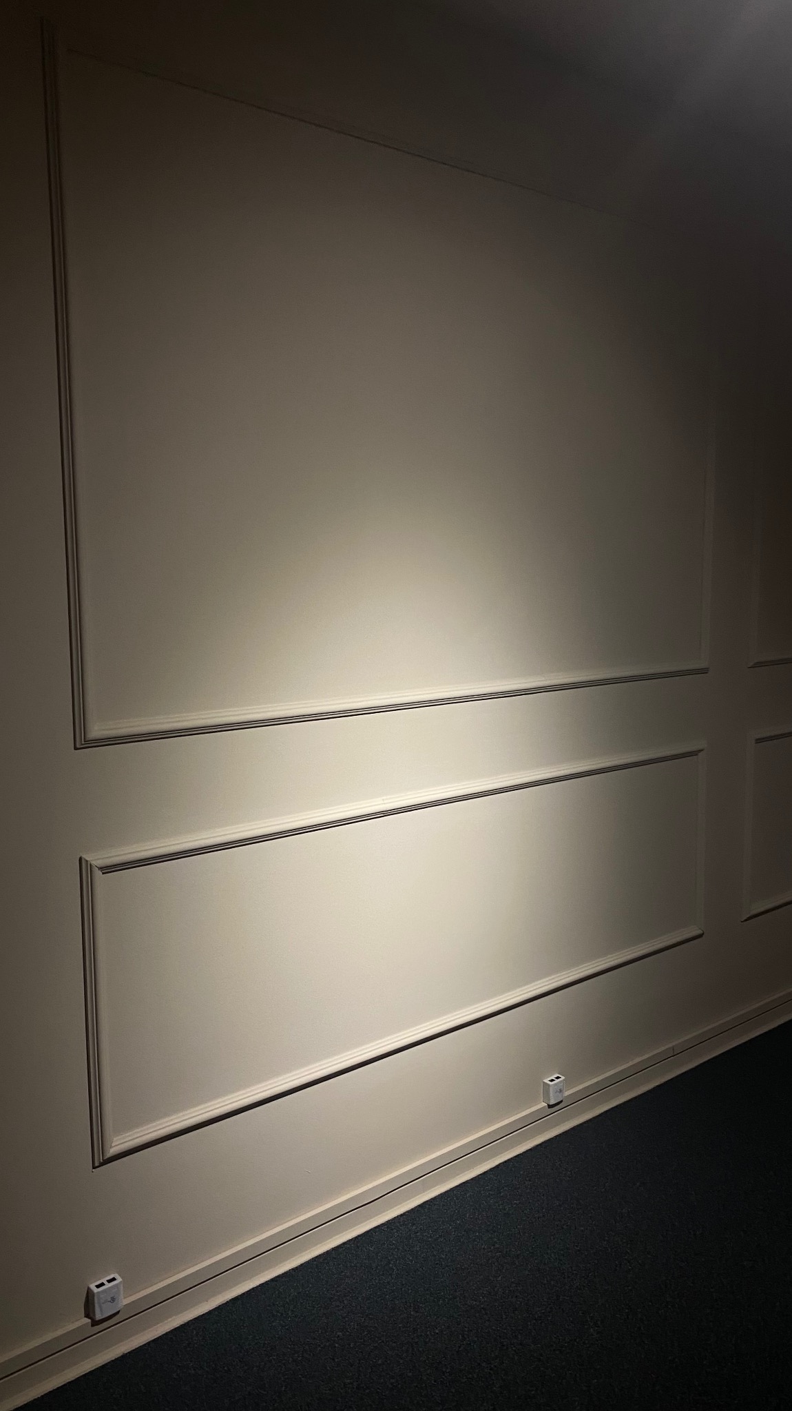 Ściana wykończona panelami dekoracyjnymi z listwami, oświetlona punktowo, z widocznymi gniazdkami elektrycznymi przy podłodze.