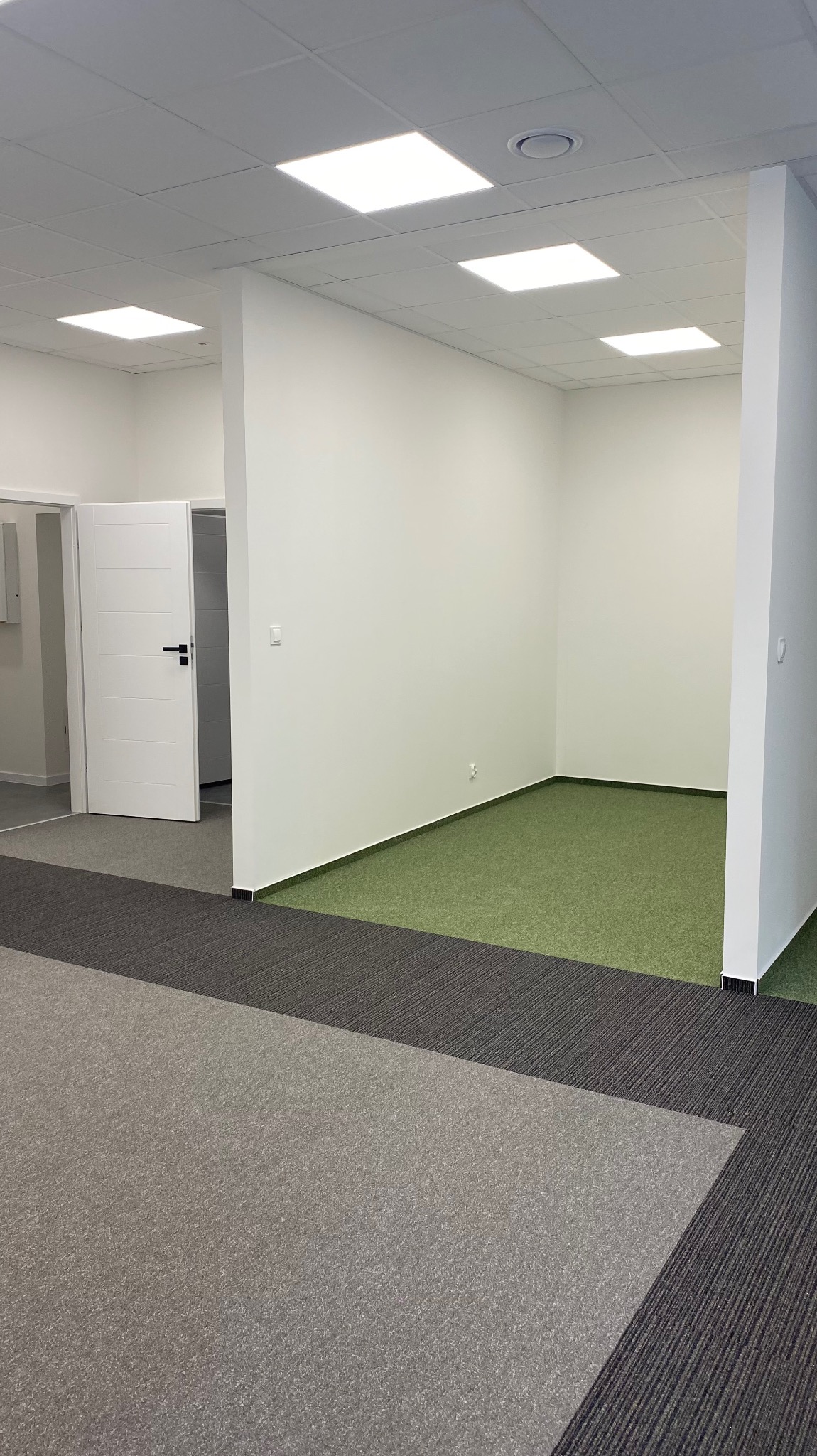Nowoczesne biuro z podwieszanym sufitem, białymi ścianami i dwukolorową wykładziną dywanową: szarą i zieloną, z otwartymi drzwiami do kolejnego pomieszczenia.