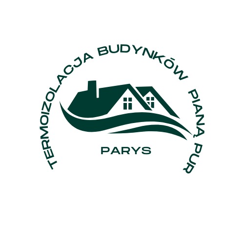 Logo firmy 'PARYS' specjalizującej się w termoizolacji budynków pianą PUR, z graficznym symbolem domu i fal.