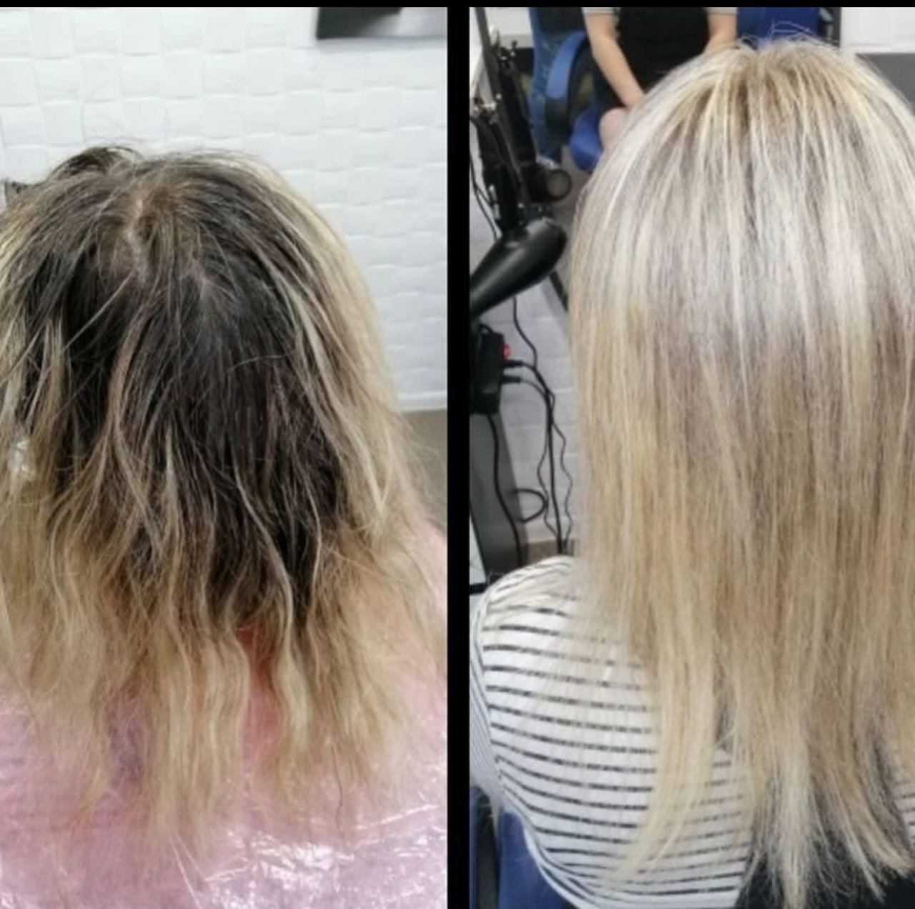 Porównanie włosów przed i po koloryzacji: odrosty i ciemne partie przed zabiegiem, blond, proste włosy po farbowaniu.