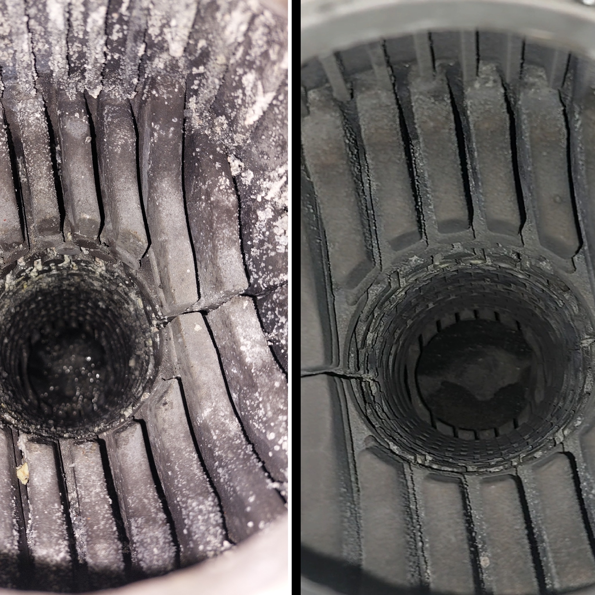 Wnętrze komory spalania kotła gazowego przed i po czyszczeniu, widoczne nagromadzenie osadów na żebrach wymiennika ciepła.