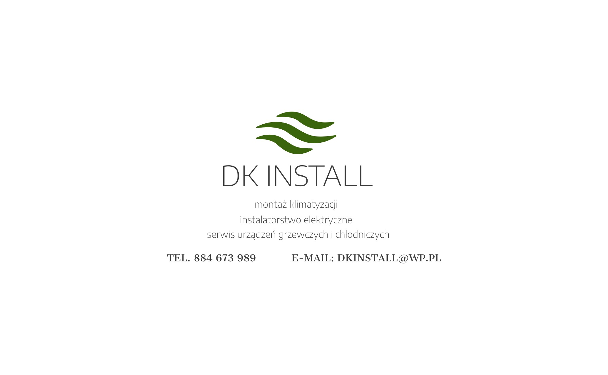 Logo firmy DK INSTALL zajmującej się montażem klimatyzacji, instalatorstwem elektrycznym i serwisem urządzeń grzewczych i chłodniczych, z zielonym symbolem fal, numerem telefonu i adresem e-mail.