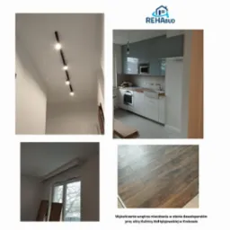 Kolaż zdjęć wnętrza mieszkania w stanie deweloperskim: oświetlenie sufitowe na szynoprzewodzie, kuchnia z szarymi szafkami i drewnianym blatem, okno z widokiem na drzewa, parkiet w odcieniach brązu.