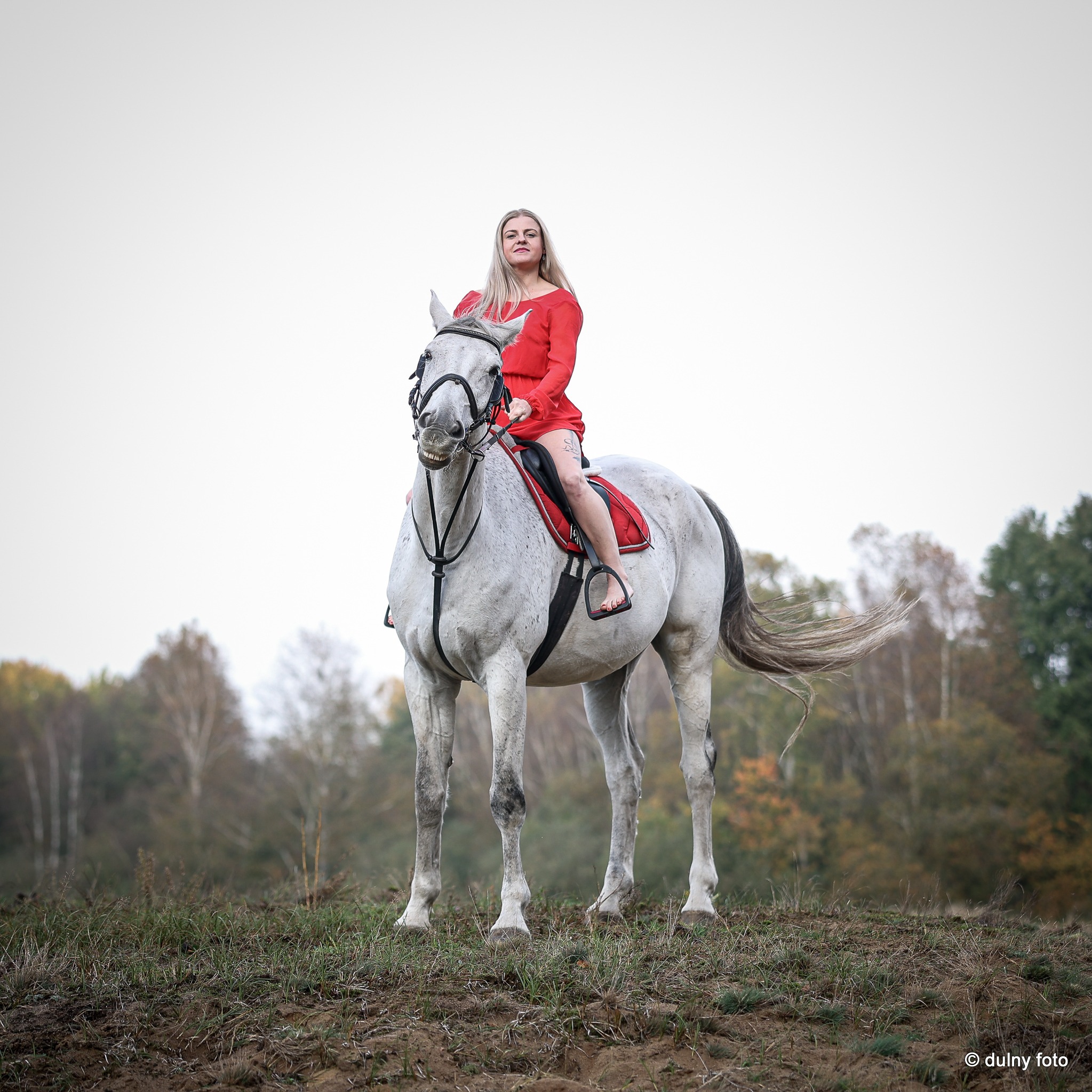 Kobieta w czerwonej sukience siedzi okrakiem na siwym koniu na tle drzew w jesiennej scenerii.