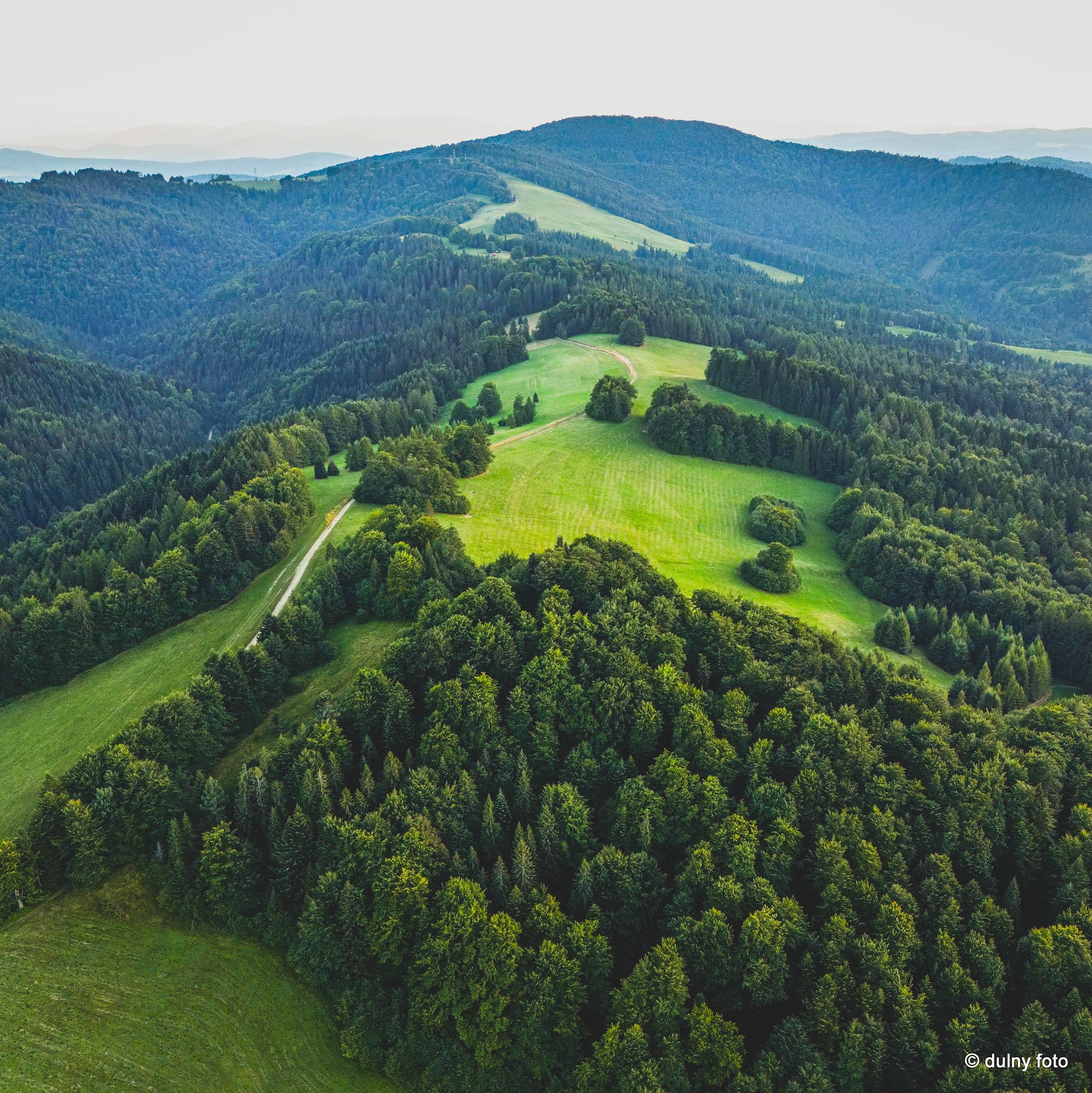 Panoramiczny widok z lotu ptaka na zalesione wzgórza z zielonymi polanami i wijącą się ścieżką. Widoczne dalsze pasma górskie w lekkiej mgle.