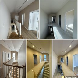 VitPoint Konrad Kubiak - Kolaż prezentujący korytarz w domu przed i po malowaniu ścian na beżowo. Widoczne schody, drzwi i oświetlenie szynowe. Część ścian jest w stanie surowym.