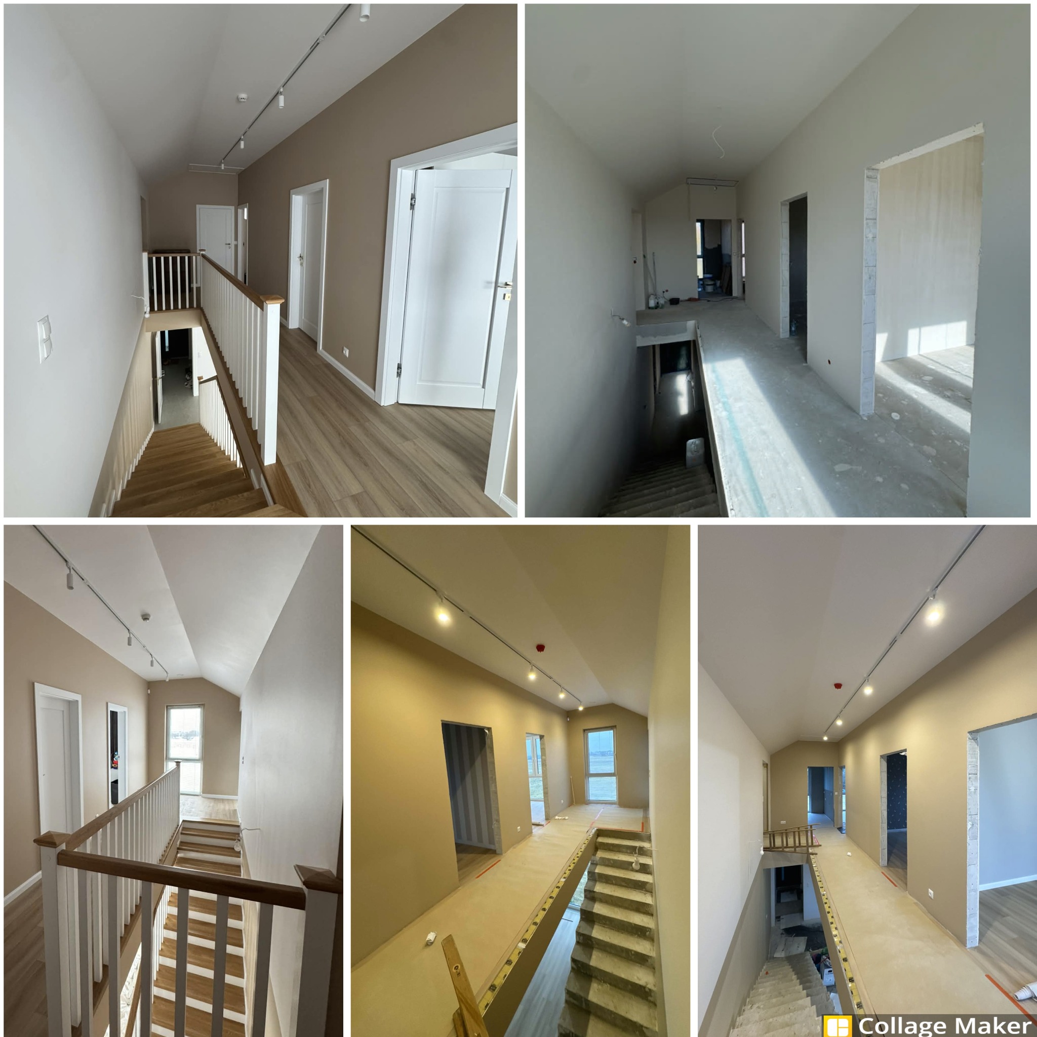Kolaż prezentujący korytarz w domu przed i po malowaniu ścian na beżowo. Widoczne schody, drzwi i oświetlenie szynowe. Część ścian jest w stanie surowym.