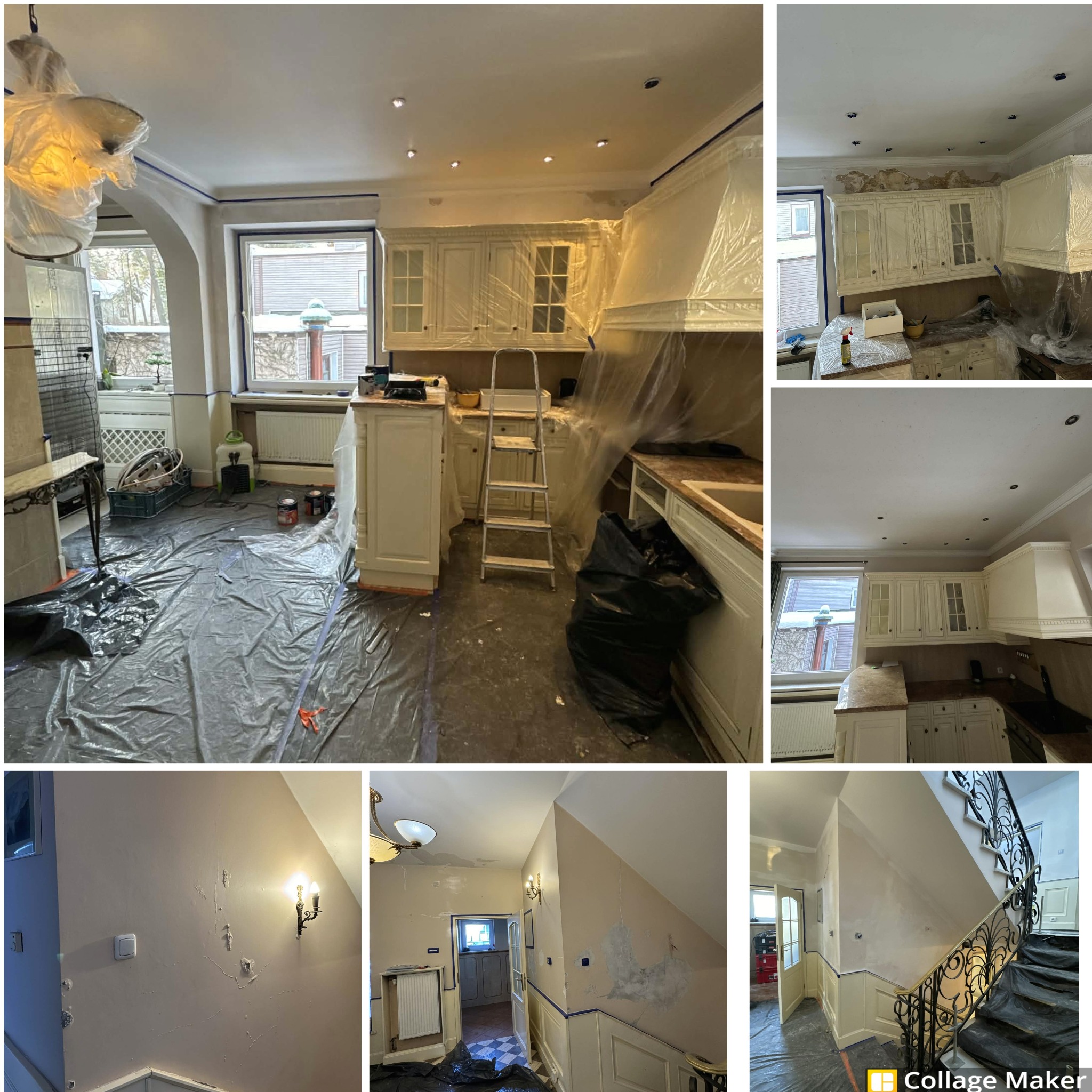 Przygotowania do prac w kuchni i na klatce schodowej w Warszawie. Zabezpieczone folią meble i podłogi, ściany z widocznymi śladami po naprawach.