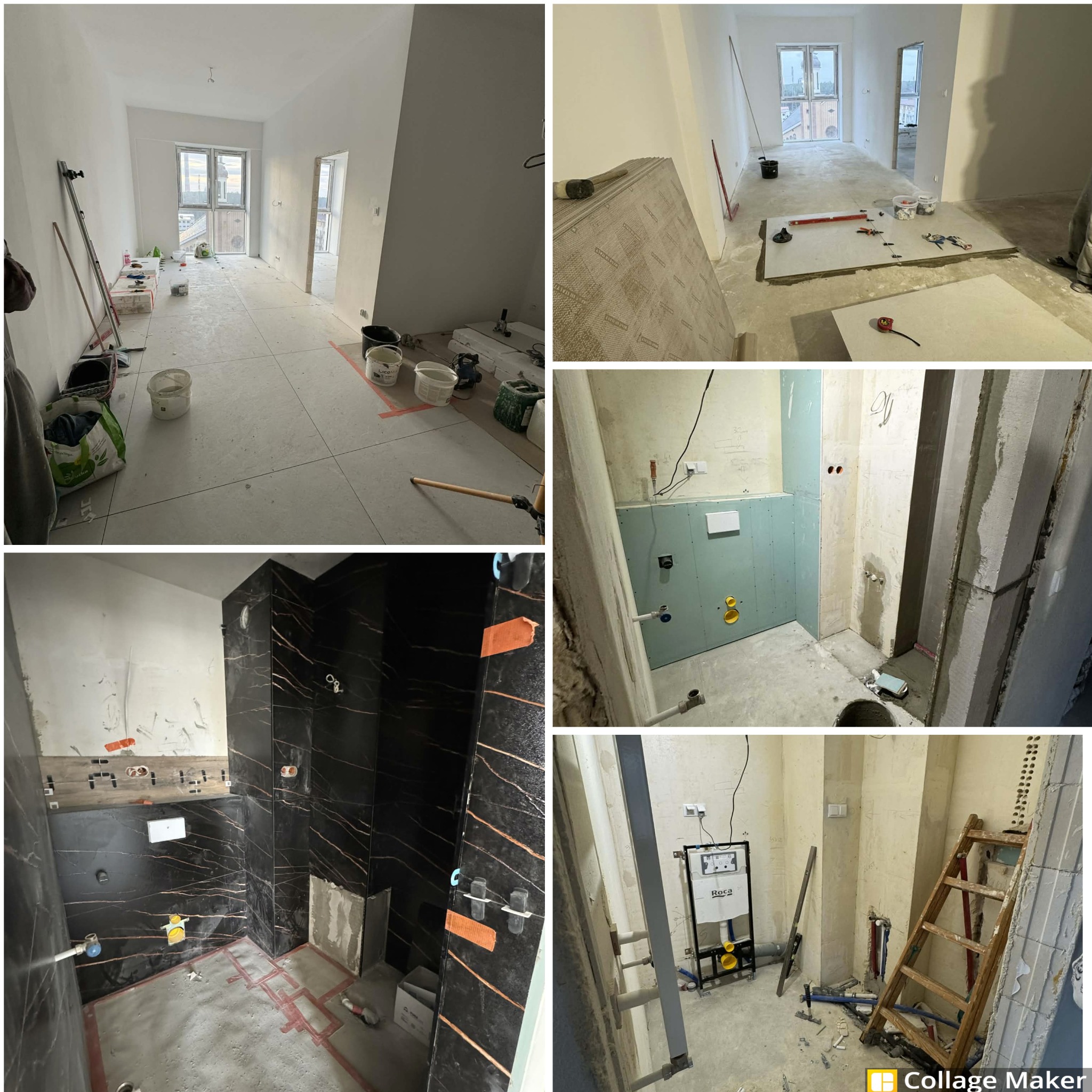 Kolaż z remontu mieszkania: surowy stan, przygotowanie podłoża, montaż płytek w łazience, instalacja podtynkowa WC. Widoczne narzędzia i materiały budowlane.