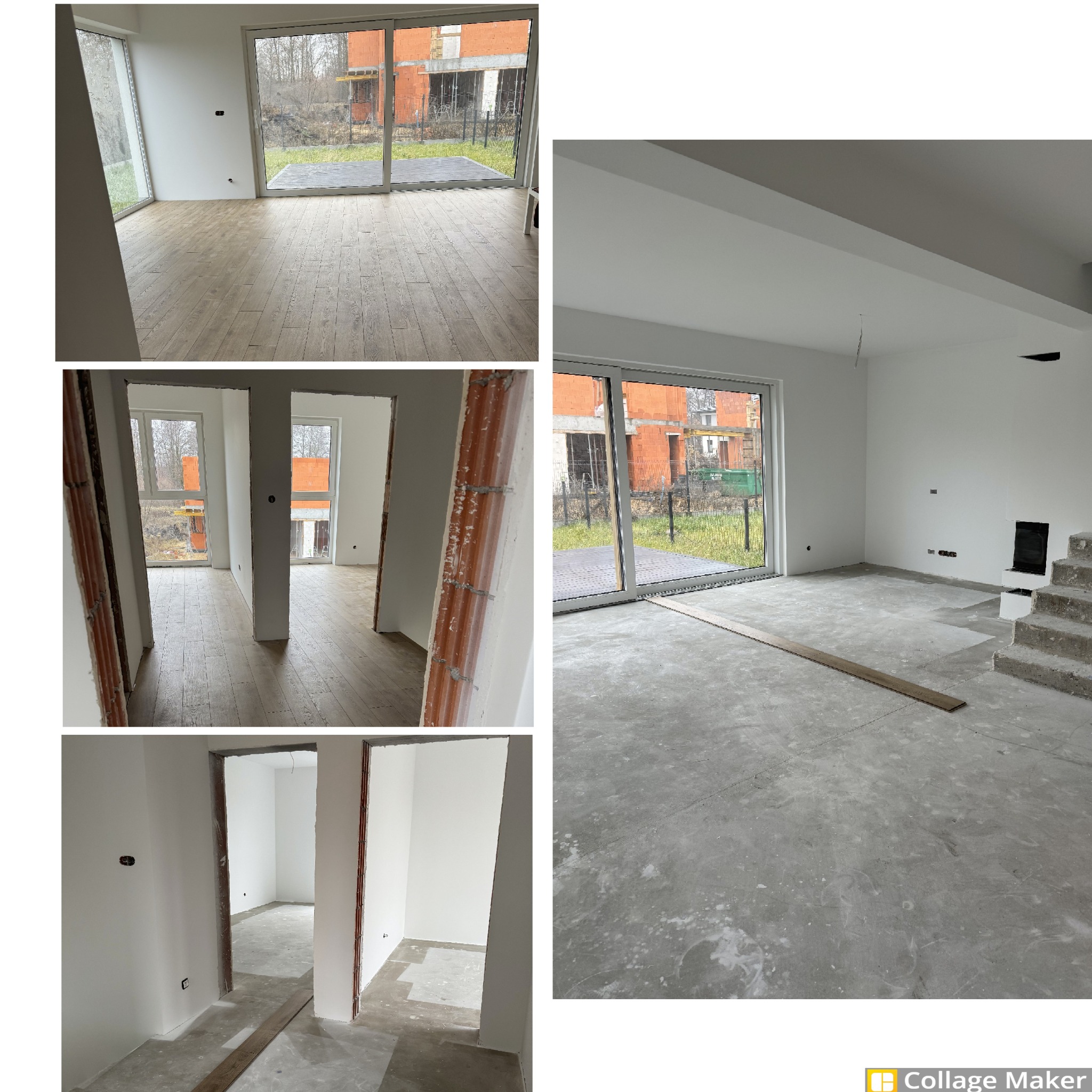 Kolaż wnętrz w trakcie wykańczania: pokój z panelami, surowy beton, białe ściany, widoczne instalacje. Okna przesuwne z widokiem na budynek w budowie.