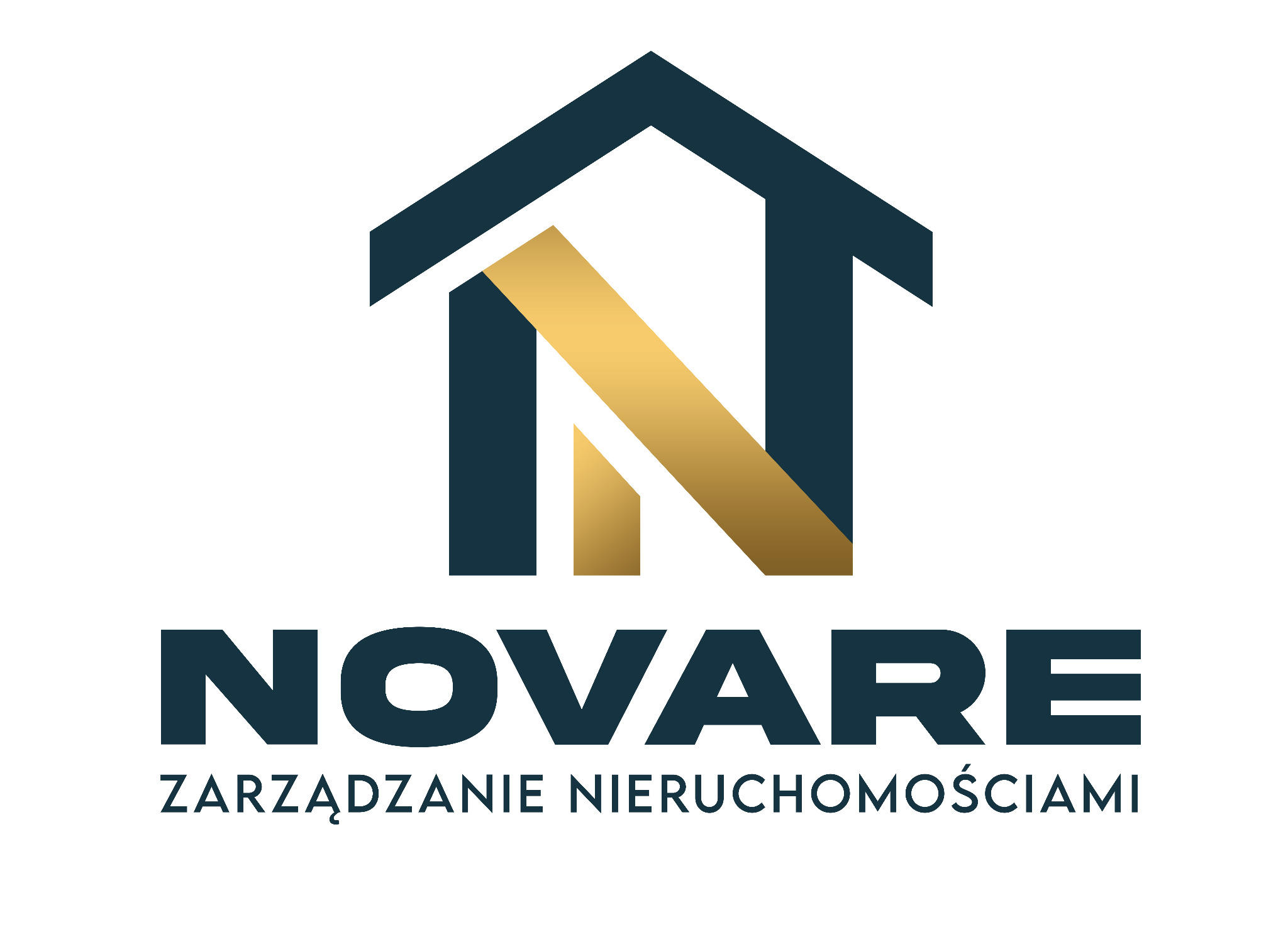 Logo firmy Novare Zarządzanie Nieruchomościami: granatowy symbol domu z złotą literą N, nazwa firmy i dopisek 'Zarządzanie Nieruchomościami' na białym tle.