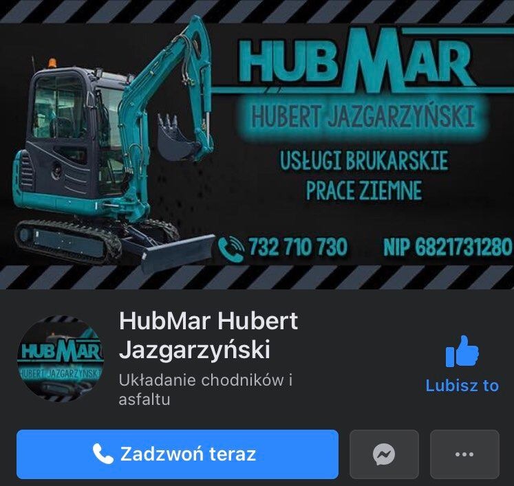 Reklama firmy brukarskiej HubMar Hubert Jazgarzyński z małą koparką i danymi kontaktowymi