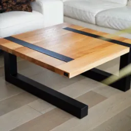 Kwadratowy stolik kawowy z jasnego drewna z czarnymi, metalowymi wstawkami i nogami, ustawiony na drewnianej podłodze w salonie z białą skórzaną sofą w tle.