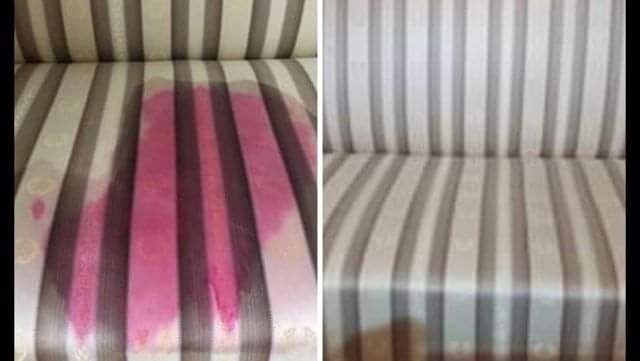 Tapicerka kanapy w paski, przed i po usunięciu intensywnej, różowej plamy. Widoczna wyraźna różnica w wyglądzie materiału.