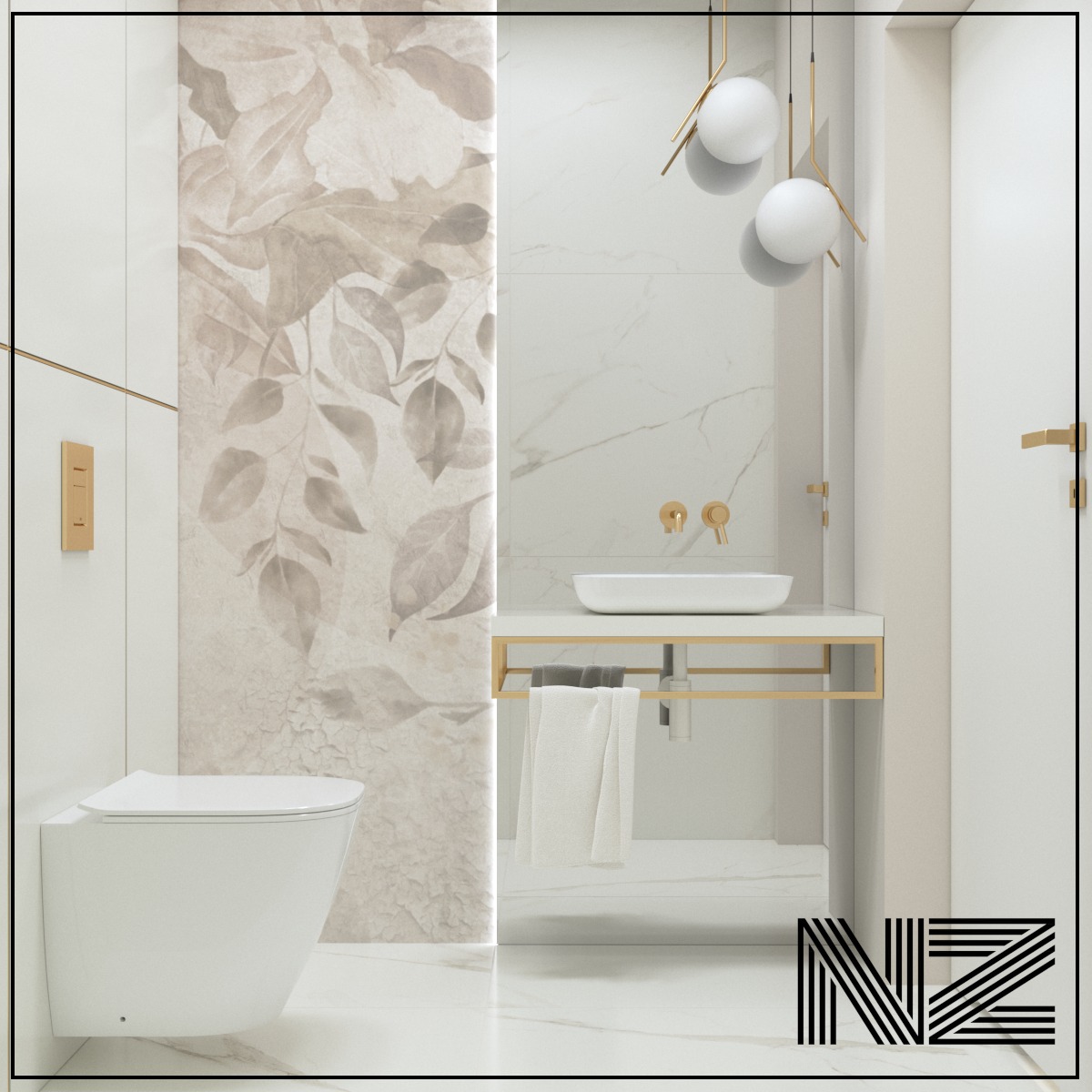 Elegancka łazienka z toaletą wiszącą, umywalką na złotym stelażu, baterią podtynkową i dekoracyjną ścianą z motywem liści, oświetlona nowoczesnymi lampami kulami.