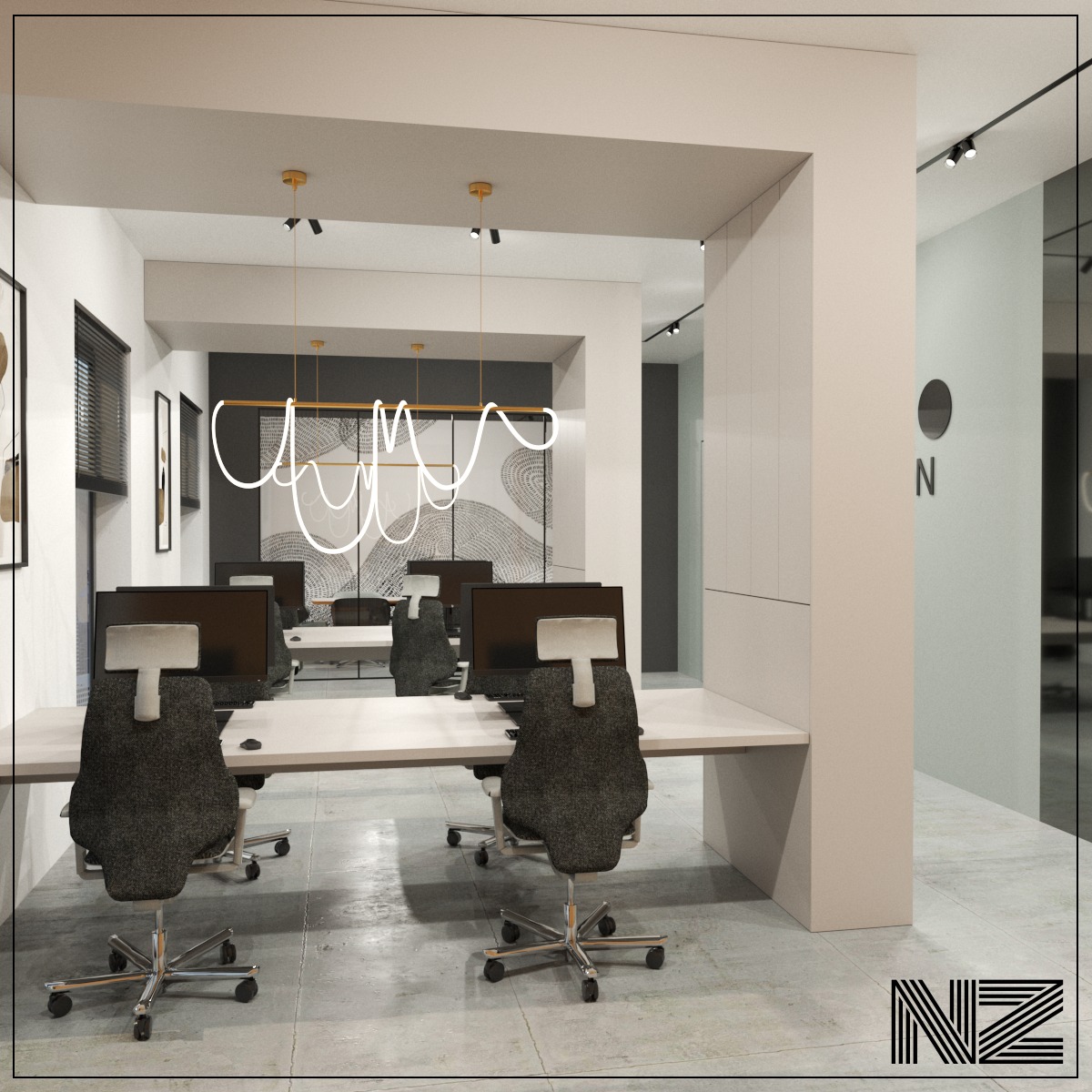 Nowoczesne biuro z rzędami biurek i ergonomicznych krzeseł, oświetlone designerską lampą wiszącą w kształcie abstrakcyjnych linii, z minimalistycznym wystrojem i betonową podłogą.