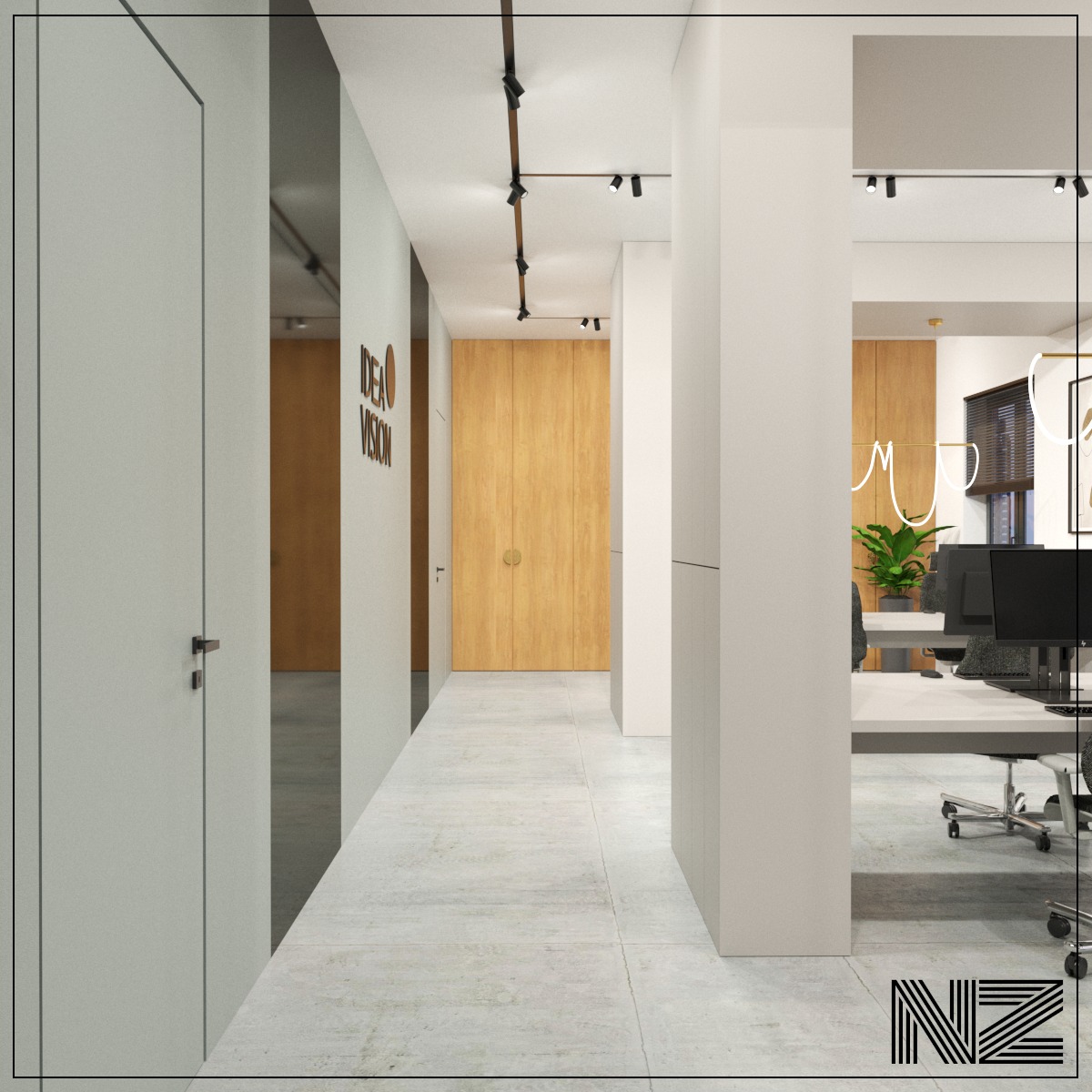 Nowoczesne biuro z jasnymi ścianami, drewnianymi akcentami i minimalistycznym oświetleniem szynowym, widok na stanowiska pracy z roślinami doniczkowymi i logo firmy na ścianie.