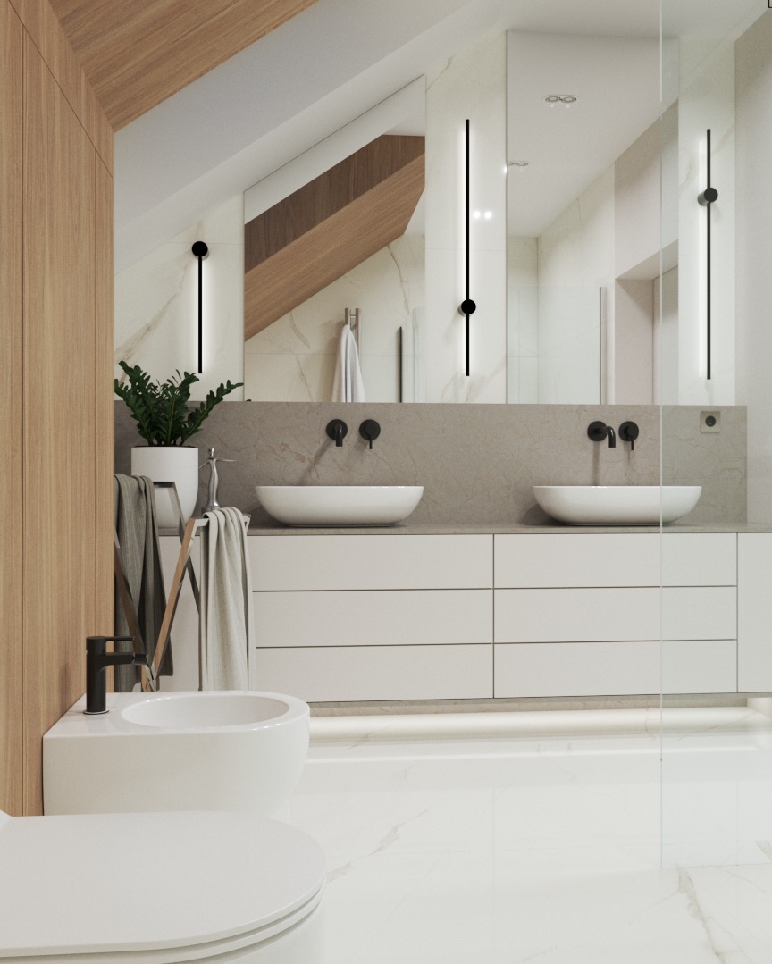 Nowoczesna łazienka na poddaszu z dwoma umywalkami nablatowymi, białymi szafkami z szufladami, dużymi lustrami z pionowym oświetleniem LED, bidetem i widocznym fragmentem toalety. Uwagę zwraca...