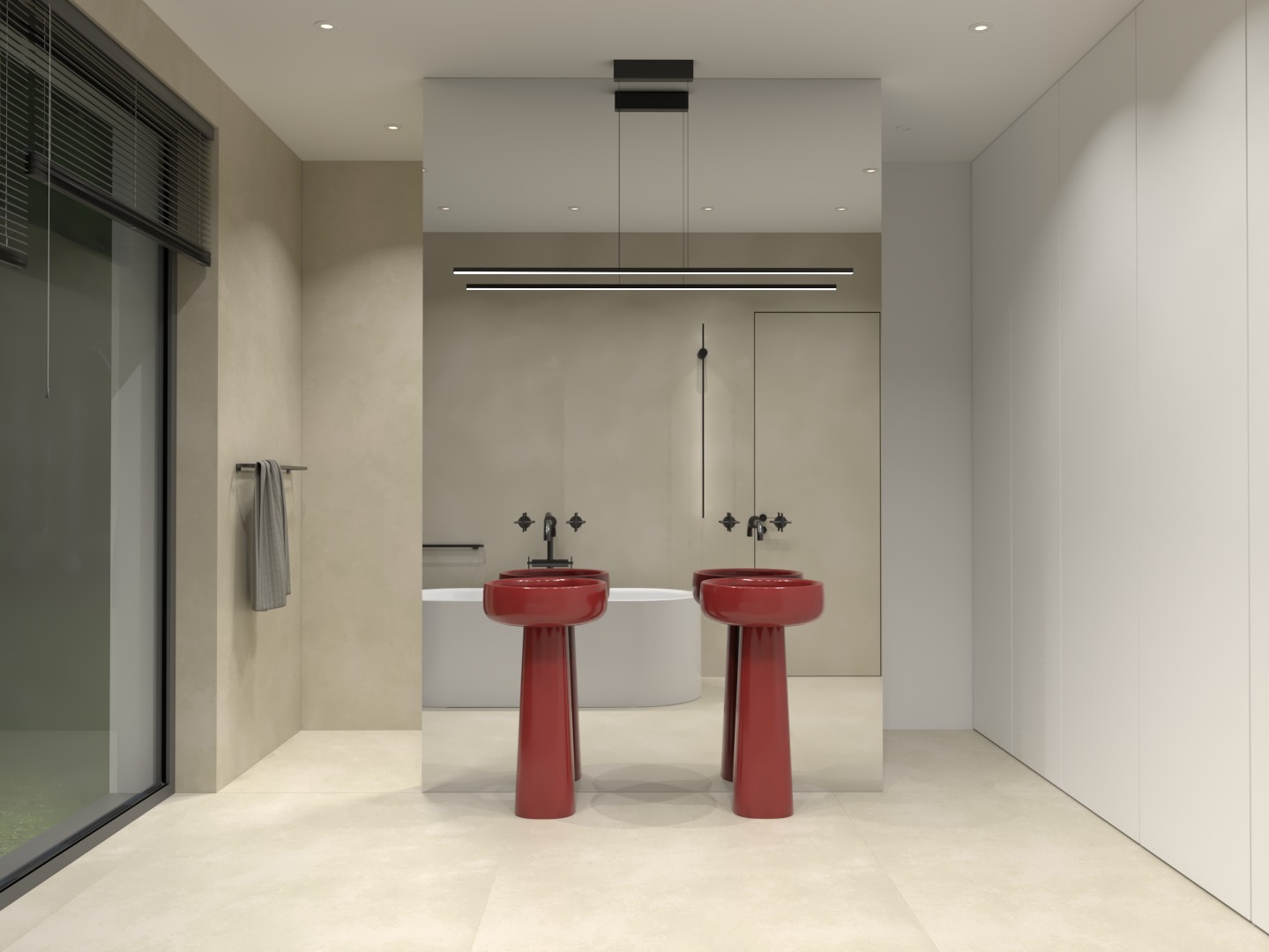 Nowoczesna łazienka z dwoma czerwonymi umywalkami na postumentach, minimalistycznym oświetleniem liniowym i dużym lustrem, widok na wannę i okno z żaluzjami.