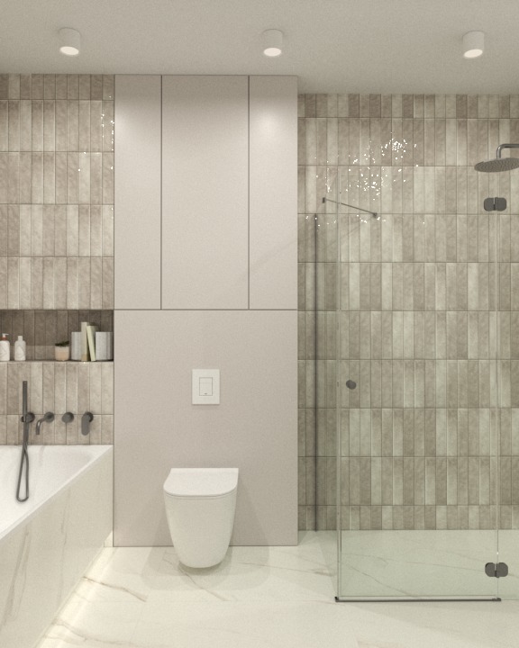 Minimalistyczna łazienka z beżowymi płytkami imitującymi cegłę, białą wanną z baterią podtynkową, podwieszaną toaletą i kabiną prysznicową ze szklaną ścianką.