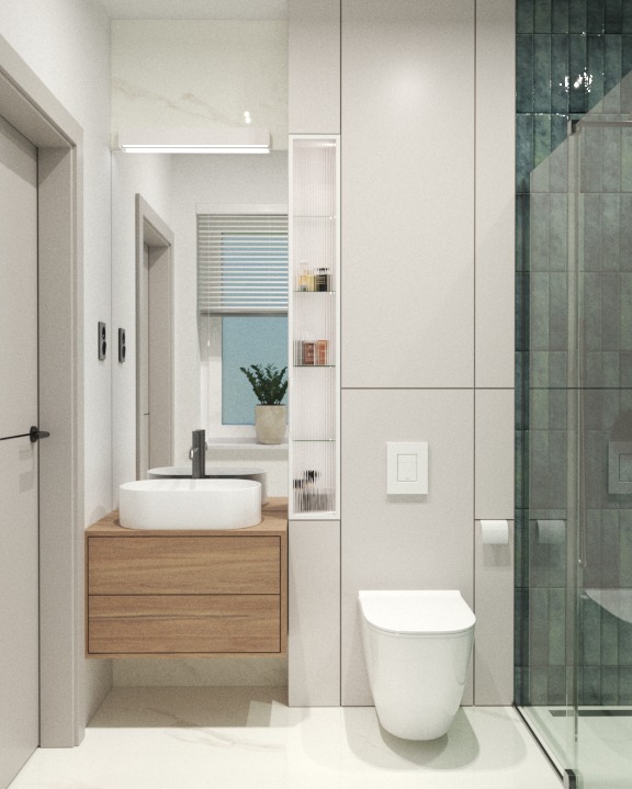 Nowoczesna łazienka z wiszącą szafką z umywalką nablatową, toaletą podwieszaną i kabiną prysznicową z zielonymi płytkami.