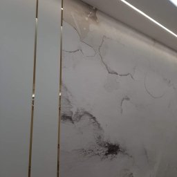 14 - Ściana z dekoracyjną strukturą przypominającą marmur, oddzielona białymi panelami z cienkimi, złotymi paskami, oświetlona ledowym pasem na suficie.