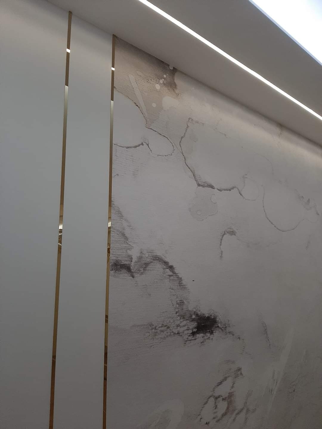 Ściana z dekoracyjną strukturą przypominającą marmur, oddzielona białymi panelami z cienkimi, złotymi paskami, oświetlona ledowym pasem na suficie.