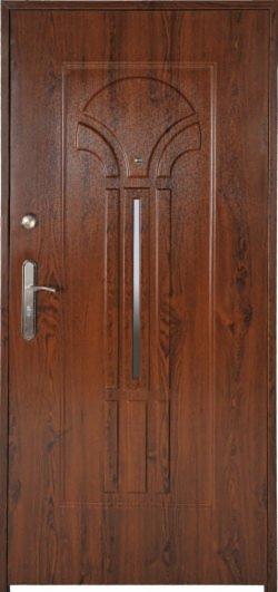 Brązowe drzwi wejściowe z metalu, z przeszkleniem w pionowym pasie pośrodku i wzorem geometrycznym u góry, widok z przodu na ekspozycji.