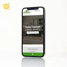 Ekran smartfona prezentujący stronę internetową sklepu meblowego Meble Dobbek z litego drewna, z widoczną ofertą łóżek rozsuwanych i przyciskiem 'Przejdź do sklepu'.