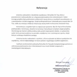 Skan referencji od firmy Parsymonia Energy & Gas Sp. z o.o. dla Bee On Top, potwierdzający sukces w pozycjonowaniu stron internetowych i zwiększeniu widoczności marki w wynikach wyszukiwania.