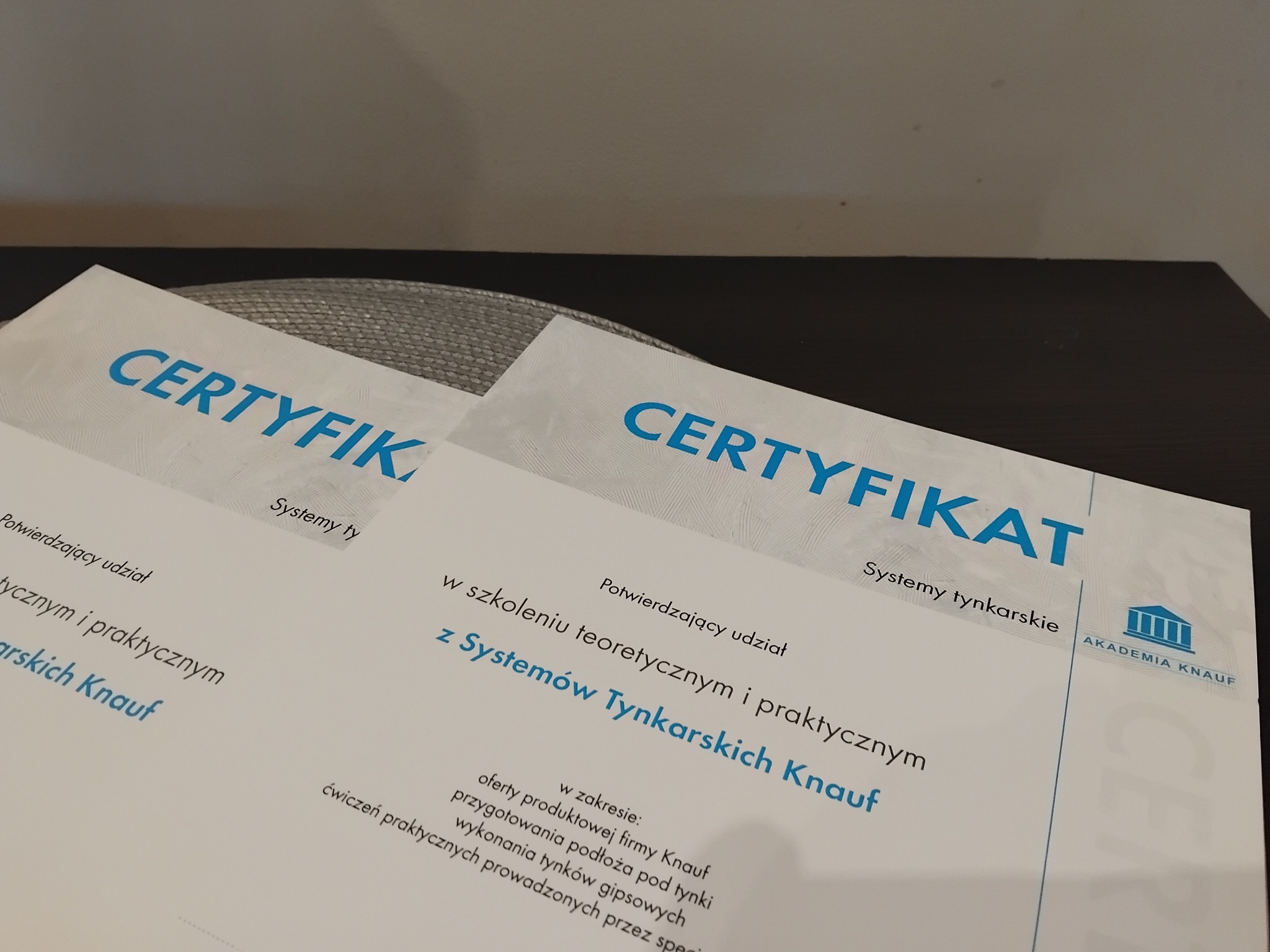 Certyfikat ukończenia Profesjonalnego Szkolenia Firmy KNAUF